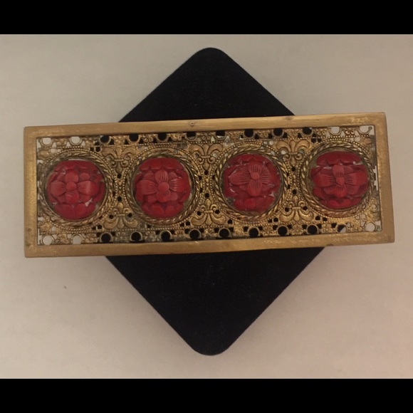 Large Vintage Cinnabar Brass Floral Brooch